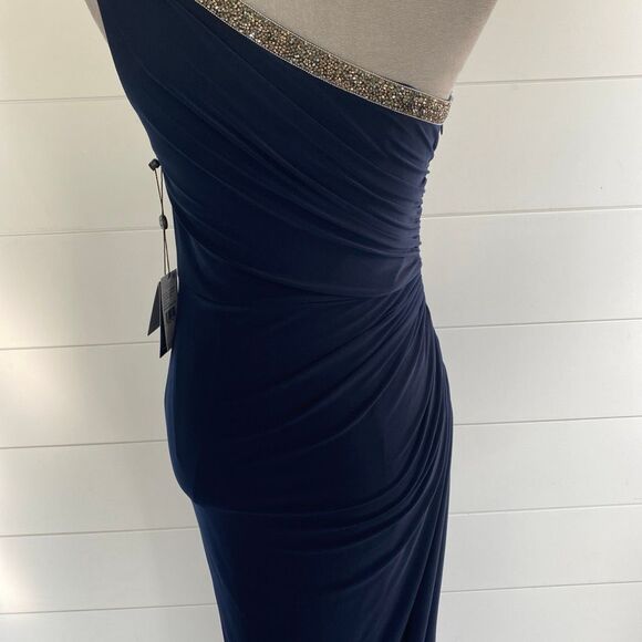 Adrianna Papell One-Shoulder Jersey Gown Navy Blue Sz 2 - Picture 7 of 13